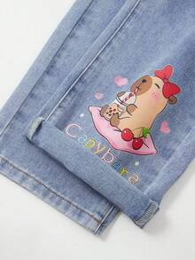 Jeans de pierna recta para niñas, pantalones vaqueros de mezclilla azul casuales para otoño/invierno, diseño lindo y dulce, adecuados para exteriores, hogar, escuela, vacaciones, con ajuste relajado, cintura elástica, estampados de mariposas y corazones