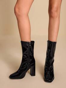 CUCCOO SZL 女士时尚百搭通勤粗跟中筒靴 - 黑色 - 查看 7