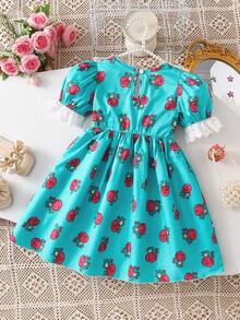 Girls' Woven Green Fabric Dress With Midriff Waist Inset And Floral Lace Trim, Cute And Elegant, Suitable For Daily Wear, Gatherings And Vacations - Green - View 5