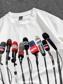 Manfinity ZONE917 High Quality Loose Street Style Microphone Print Black Short Sleeve T-Shirt