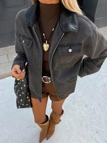 DAZY 女士宽松长袖翻领口袋休闲街头牛仔夹克，秋冬季Y2K - 灰色 - 查看 5