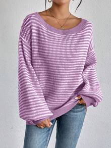SHEIN VCAY 大码女式露肩横条纹套头毛衣，商务休闲/度假/乡村风上衣 - 紫色 - 查看 3