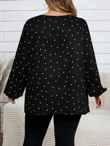 SHEIN CURVE+ Áo sơ mi thường ngày cổ chữ V tay dài in hoa cỡ lớn - màu đen - Xem 2