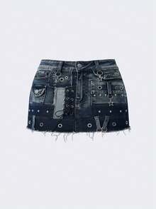 ROMWE EDITION Punk Metal Grommet Design Low Waist Mini Denim Skirt