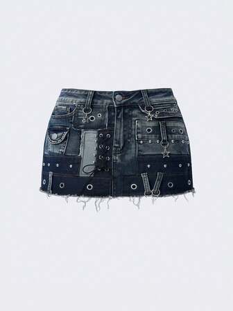 Grunge Punk Minifalda vaquera de cintura baja con diseño de ojetes metálicos punk