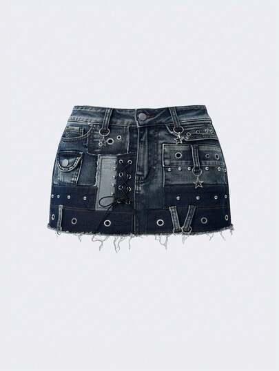 Grunge Punk Punk Metal Grommet Design Low Waist Mini Denim Skirt