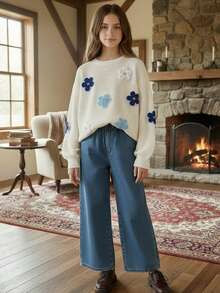 SHEIN 2件套青少年女孩针织纯色碎花圆领休闲运动衫和牛仔裤套装 - 彩色 - 查看 8