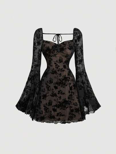 SHEIN MOD 心形领口纯色褶皱胸部喇叭袖植绒提花长款连体裤连衣裙，仙女核心晚宴装，婚礼女士礼服，优雅舞会礼服，长袖飘逸女士连衣裙