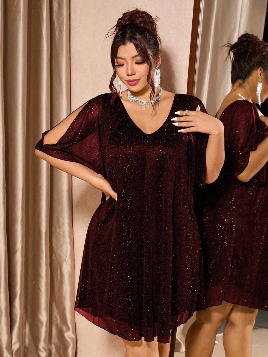 Cravure 大码女士优雅修身露肩亮片装饰网纱拼接纯色披肩袖长款派对连衣裙 - 酒紅色 - 查看 1