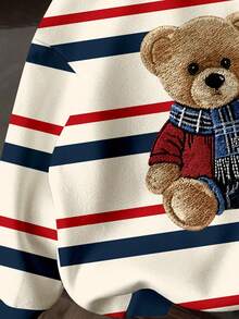 SHEIN 男童休闲宽松时尚经典保暖舒适可爱小熊图案长袖卫衣，经典条纹、学院风、卡通设计，适合秋冬季穿着。 - 彩色 - 查看 5