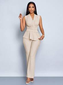 SOLERSUN Bộ đồ hai mảnh áo phông dài tay cổ chữ V thanh lịch màu mơ cho nữ, quần ống rộng, viền bất đối xứng, trang phục thường ngày không tay tay ngắn cho nữ mùa xuân và mùa hè, trang phục công sở cho phụ nữ, phong cách công sở giản dị cổ điển - Màu be - Xem 3