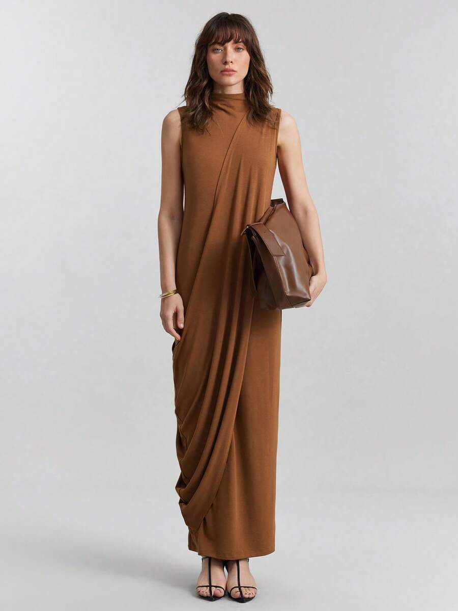 Ontre Váy suông cổ đứng 2 trong 1 phối ren hình chữ O bất đối xứng màu đỏ nâu giả len co giãn cao dành cho nữ, thoải mái và thân thiện với làn da, thiết kế xếp nếp ôm sát, thời trang công sở hiện đại, giản dị, đi làm, đi chơi, sân bay chất lượng cao