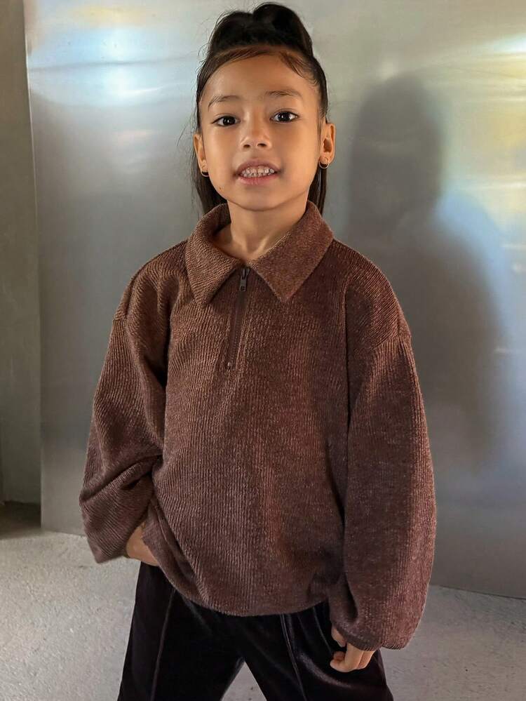 Young Girl Plain Drop Shoulder Long Sleeve Turndown Collar Half Placket Casual Sweatshirt