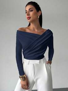 Firerie 女士优雅简约时尚不对称荷叶边领长袖露脐白色上衣，适合日常通勤、音乐节、度假等场合。 - 藏蓝色 - 查看 7