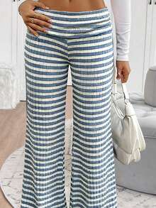 SHEIN Quần nỉ ống rộng cạp gập họa tiết sọc tương phản thường ngày cho bé gái tuổi teen, mùa xuân/hè trở lại trường - Nhiều màu - Xem 4