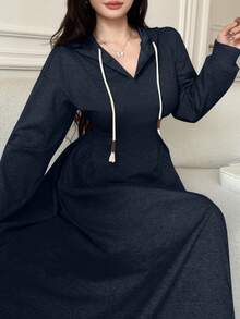 Modelyn Women's Casual Hooded Drawstring Waist Fitted Flared Hem Grey Sweatshirt, Autumn/Winter - Blue - View 4