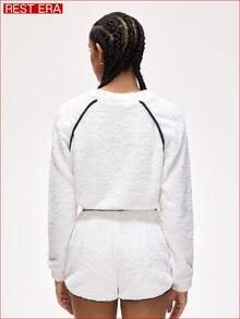 Rest Era Women's Raglan Sleeve Fluffy Top And Drawstring Waist Shorts Lounge Set, Winter Clothes - White - View 2