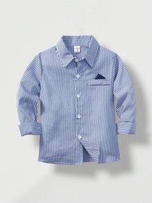 SHEIN Vacaura 年轻男孩休闲条纹绅士衬衫，适合秋冬季 - 藍色 - 查看 1