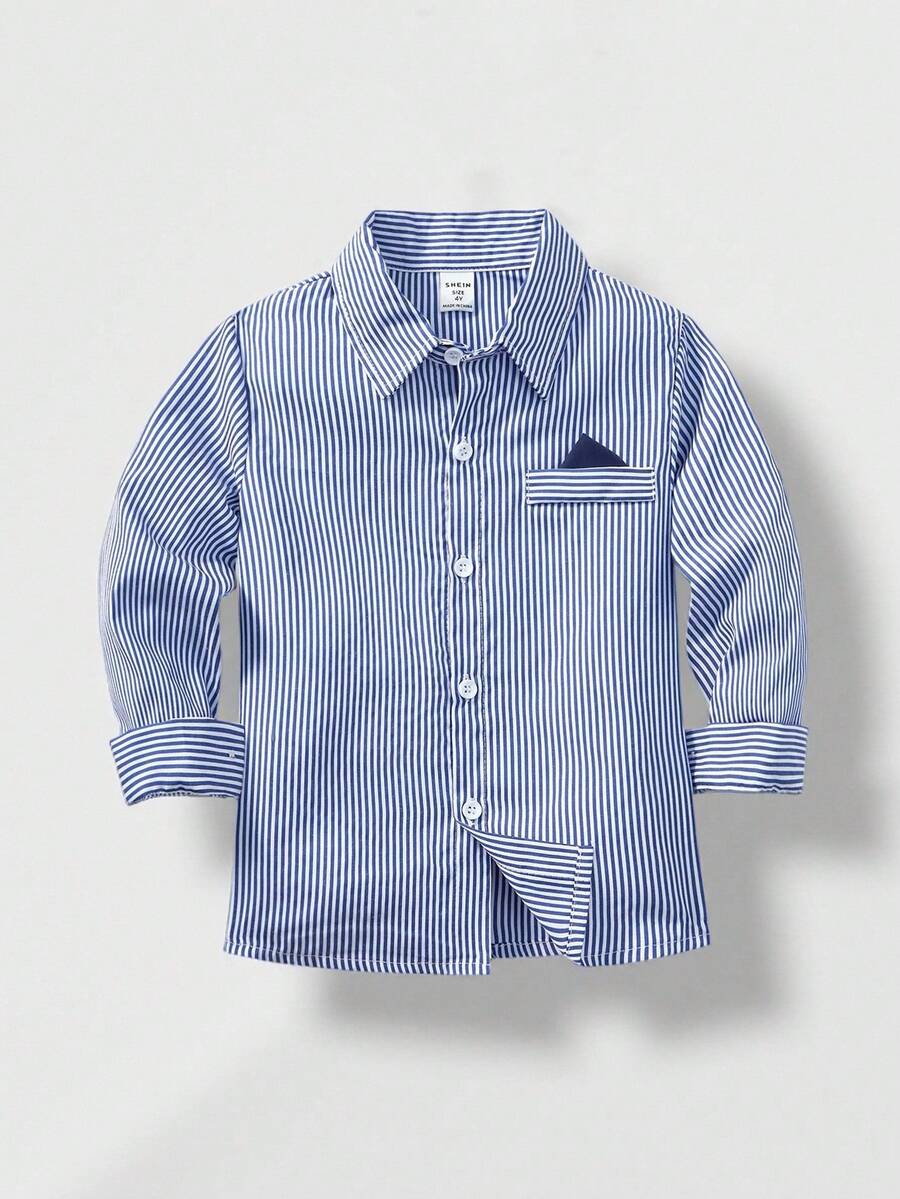 SHEIN Vacaura 年轻男孩休闲条纹绅士衬衫，适合秋冬季 - 藍色 - 查看 1