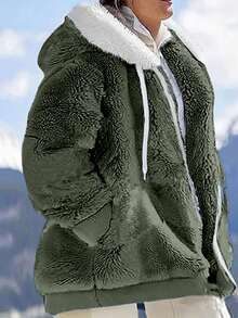 INAWLY 大码女式纯色撞色毛领长袖夹克，适合感恩节和冬季 - 墨綠色 - 查看 1