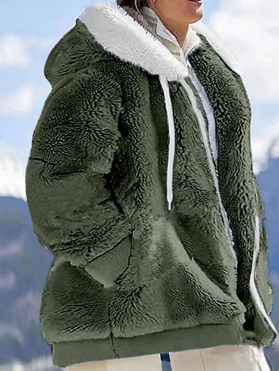 INAWLY 大码女式纯色撞色毛领长袖夹克，适合感恩节和冬季 - 墨綠色 - 查看 1