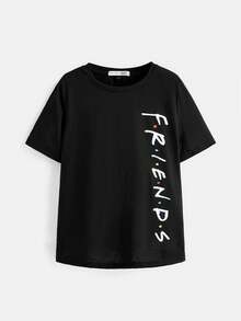 FRIENDS X SHEIN Áo thun nữ cổ tròn tay ngắn dáng rộng thoải mái, thích hợp cho mùa hè, áo thun họa tiết - màu đen - Xem 4