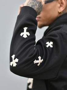 Devon Thys 男式黑色街头时尚图案印花前拉链连帽运动衫，带保暖内衬 - 黑色 - 查看 6