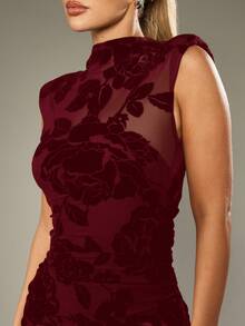 MISSGUIDED Elegant Sleeveless Mock Neck Maxi Dress With Velvet Rose Floral Pattern For Evening Party Events - Burgundy - View 5