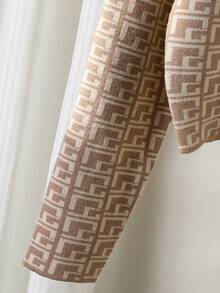 女士V领长袖毛衣，百搭设计，金属纽扣点缀，人字纹图案，棕色，休闲日常穿着 - 棕色 - 查看 3