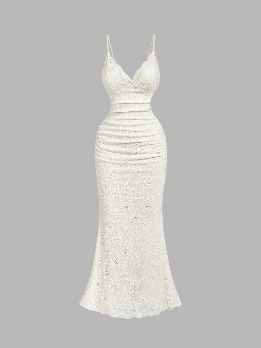 SHEIN MOD Women's Solid Color Lace Ruffled Fishtail Hem Elegant Spaghetti Strap Dress,Greek Goddess Dress,Formal Dress,Mermaid Skirt,Beige Women Dresses, Women Outfits, Giving Women Outfit,New Year Eve Dress - Apricot - View 1