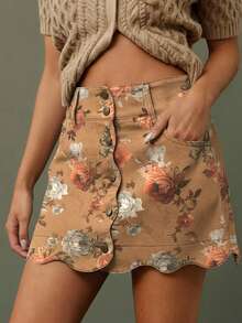 WESTFADE High Waist Scalloped Button Front 100% Cotton Denim Flower Print A Line Mini Jean Skirt Casual, Cute, Autumn, Winter, Boho, Western Wear For Women, Country Concert - Brown - View 3