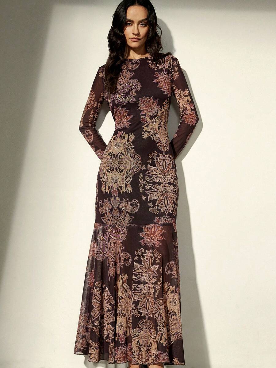 Aveloria Modichic Váy dài tay ôm sát lưng thun lưới in họa tiết cổ điển gợi cảm mùa thu, phong cách Anh - Nhiều màu - Xem 1