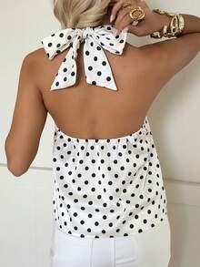 SHEIN EZwear Women's Halter Neck Tie Polka Dot Fashionable Versatile Blouse - White - View 2