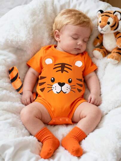 Newborn Cute Tiger Themed Outfit With 3D Tail And Ear Design Short Sleeve Romper