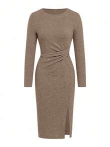 Ellevyn 丝绒扭结紧身连衣裙，女士圣诞连衣裙，女士绿色圣诞连衣裙 - 卡其色 - 查看 6