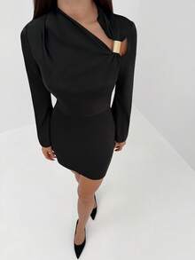 Aloruh Black Gold,Winter,Seksi Chic,Night Out Black Satin Minimalist Metal Decor Long Flare Sleeve Fitted Mini Dress,Elegant Party Office Outfit For Women - Black - View 6