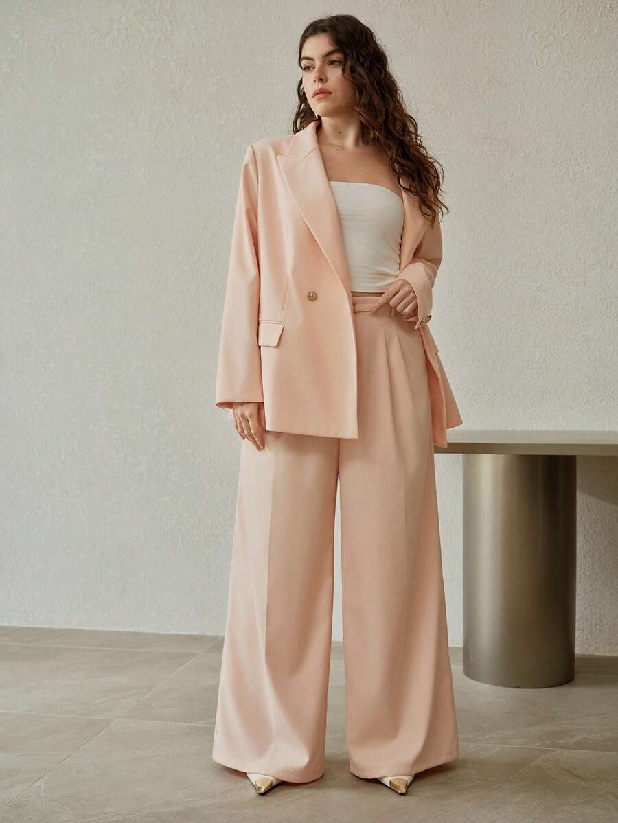 PREMIUM PLUS SIZE METAL BUCKLE WAIST ELEGANT WIDE LEG SUIT PANTS, SPRING/SUMMER - Coral Pink - View 1