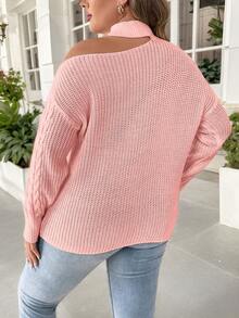 Elenzga Áo len trễ vai màu trơn cỡ lớn, thích hợp cho Ngày Valentine. - Hồng - Xem 2