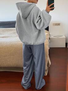 DAZY 女士狗狗印花抓绒卫衣上衣和格子睡裤套装，冬季 - 灰色 - 查看 2