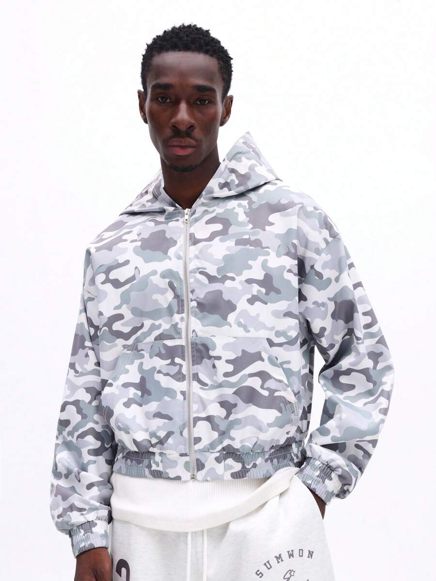 SUMWON 男士宽松迷彩全拉链连帽衫，印有数字，休闲街头风，秋冬外套 - 灰色 - 查看 1