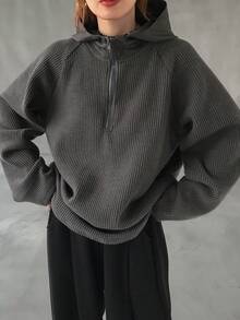 FRIFUL Women's Waffle Texture Fabric Half-Zip Hooded Loose Sweatshirt - Grey - View 4