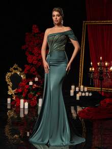 Glamrae 优雅奢华露肩亮片刺绣真丝缎褶裥设计收腰鱼尾裙摆晚礼服，商务正装，宾客礼服，轻盈正式礼服 - 綠色 - 查看 7