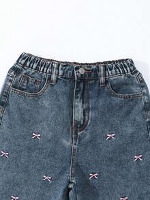 SHEIN ChillGRL Teen Girl Casual Embroidered Bow Wide Leg Aesthetic Jeans Fall Winter - Blue - View 3
