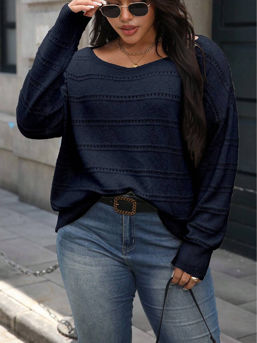 SHEIN CURVE+ 大码女式套头毛衣，宽松圆领针织衫，休闲舒适风格，适合秋冬季、万圣节、圣诞节、返校季穿着。 - 寶藍色 - 查看 1