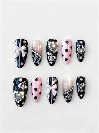 Anime 10 pezzi di unghie finte di alta qualità con fiocco carino, nota musicale, elemento a stella, realizzate a mano + 3 pezzi di adesivo biadesivo, adesivi per arte di unghie rimovibili con catena di strass stile francese Y2K a pois, adatti per vacanze, feste, ballo e uso quotidiano