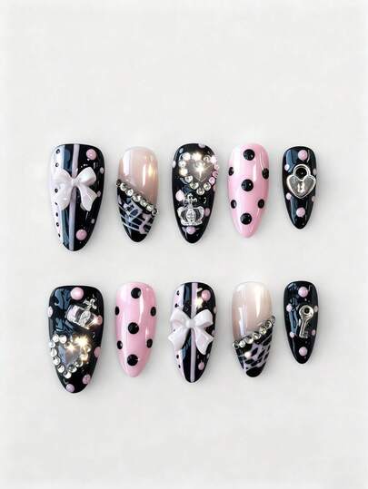 Anime 10 Stück süße Schleifen-Musik-Noten-Stern-Elemente hochwertige handgefertigte Kunstnägel + 3 Stück doppelseitiger Kleber, Y2K französischer Stil Strass-Kette Polka-Punkt abnehmbare Nail-Art-Aufkleber, geeignet für Feiertage, Partys, Tanzen und den täglichen Gebrauch