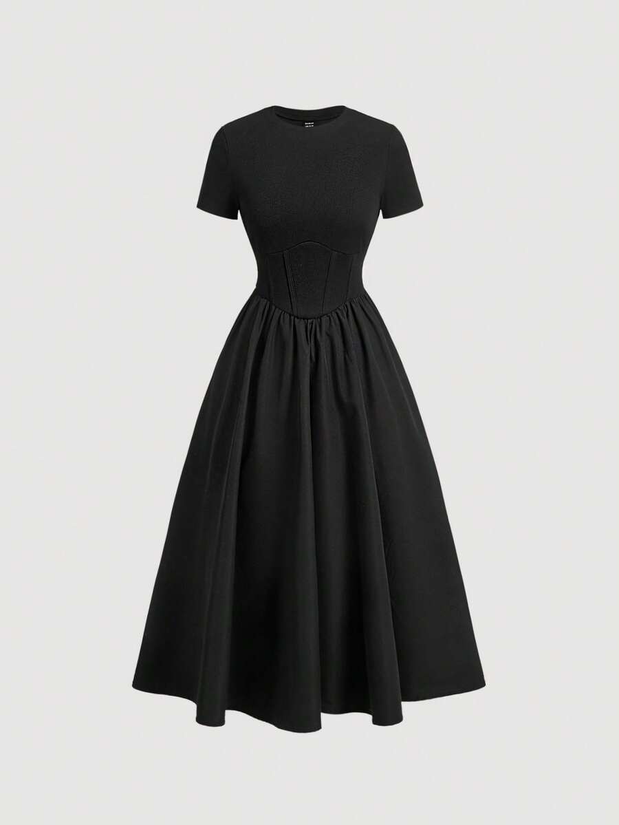 SHEIN MOD 黑色魚骨拼接短袖中長款連衣裙