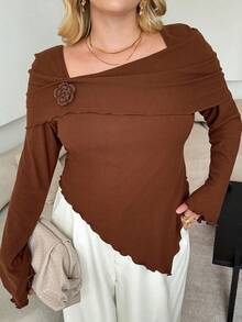 Modelyn Women's Square Neck Flare Sleeve Floral Decor Fitted Irregular Hem Versatile Plus Size T-Shirt - Brown - View 4