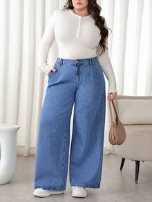 SHEIN PETITE CURVE 大码女式高腰口袋阔腿宽松休闲牛仔裤，适合冬季、圣诞节、新年、感恩节、通勤、度假、毕业典礼等场合，时尚百搭，Y2K风格，可爱街头风，适合派对、婚礼等优雅商务场合。 - 藍色 - 查看 5