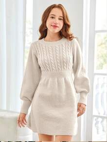 SHEIN Teen Girls Khaki Crewneck Knit Textured Twist Puff Sleeve Waist Fit & Flare Casual Dress, Elegant In Fall/Winter - Khaki - View 7